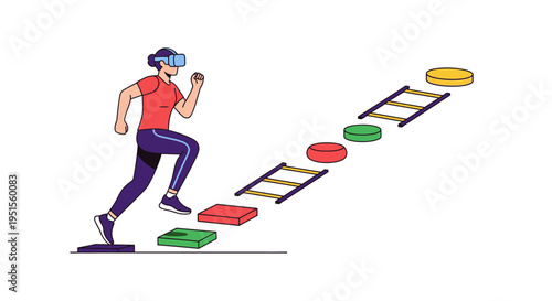 Person running on agility ladder and stepping stones wearing VR headset, futuristic fitness concept
