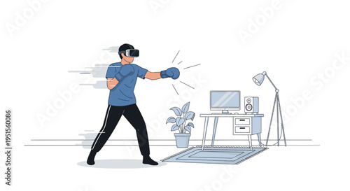 Man wearing VR headset boxing in his home office, virtual reality gaming, active lifestyle, technology entertainment