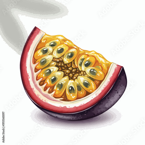 Illustration of a cut passionfruit on a white background showing its vibrant orange pulp and black seeds.