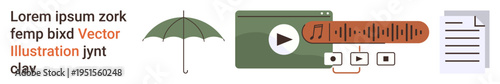 Digital media, online learning, content creation, weather concepts, file management, audio tools. A green umbrella, media player interface and text document. Digital media and online learning
