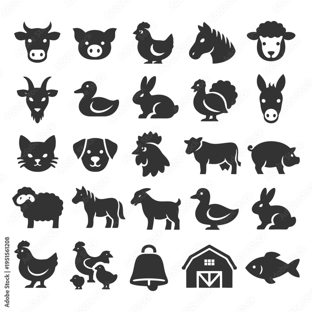 Obraz premium Silhouette icons of farm animals including cow, chicken, horse, and duck.