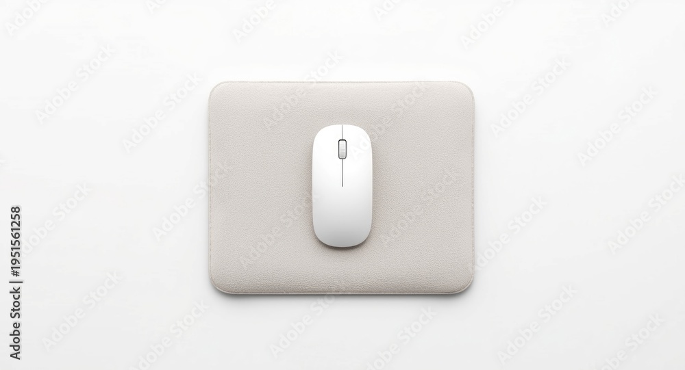 Fototapeta premium Clean overhead perspective of a white wireless mouse resting on a cushioned mouse pad with an uncluttered plain background