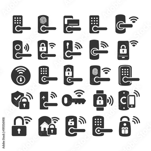Smart lock icons: biometric, keypad, rfid, mobile access.
