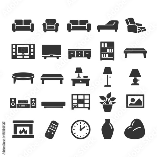 Collection of living room furniture and electronics icons in black silhouette.