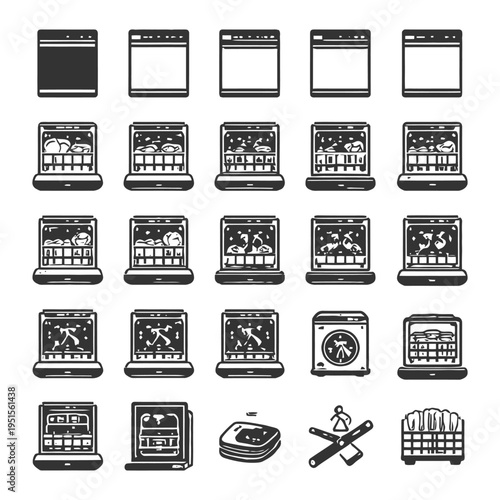 Retro technology icons: computers, monitors, phones, and gadgets.