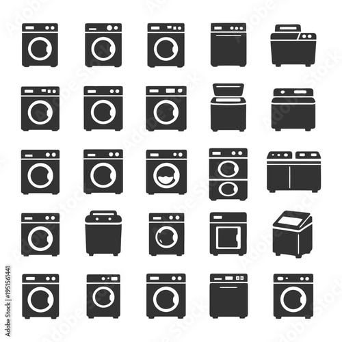 Collection of various washing machine icons in simple black style.