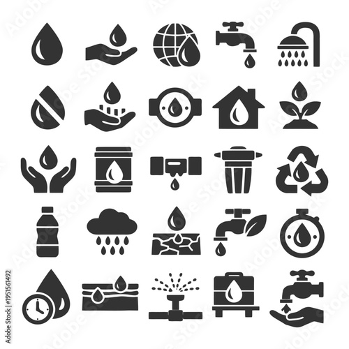 Water conservation icons: environmental symbols for sustainable resource management.