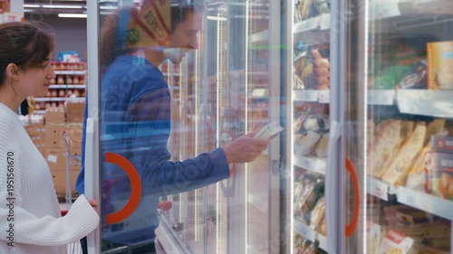 A man and woman with a shopping cart browse the frozen food aisle, opening freezer doors to pull out products for closer inspection. 