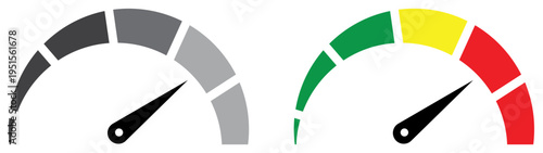 Performance indicator gauge set with colourful and grayscale speedometer icons for data visualisation