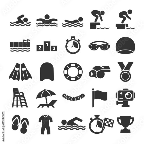 Swimming icons set: sports, equipment, and activities symbol collection.