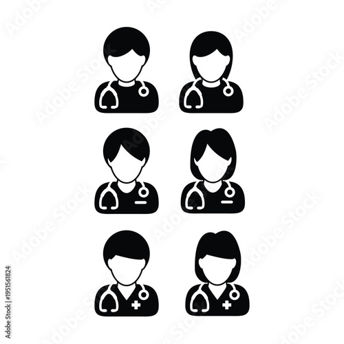 Male and female doctor avatar vector illustration solid black medical professional stethoscope character icon for healthcare app ui