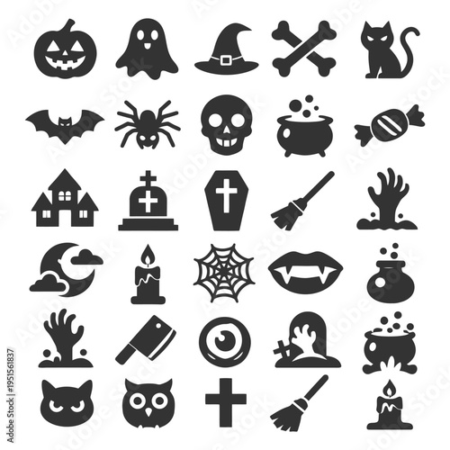 Halloween icons set: ghosts, witches, skulls, cats, tombstones, spiders, and more.