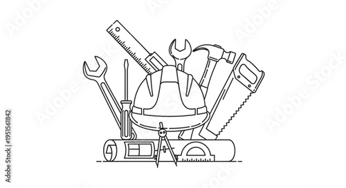 Black and white illustration of construction tools and a safety helmet.