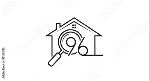 A black and white line drawing of a house with a magnifying glass and percentage symbol.