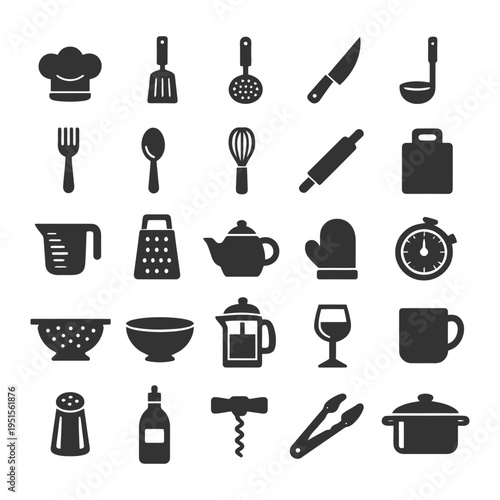 Vector icons of kitchen utensils including knife, teapot, and whisk.
