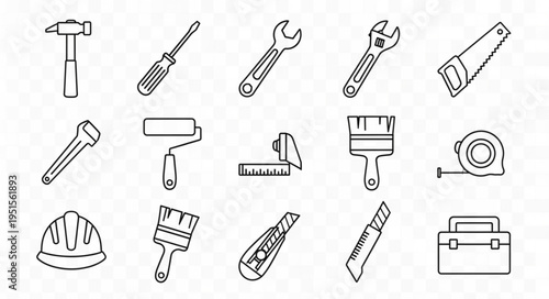 A detailed illustration of various construction tools, including hammers, saws, and wrenches.