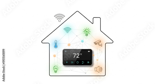 Smart home concept with a thermostat controlling various connected devices and systems.