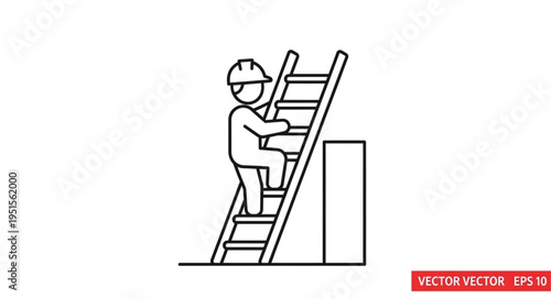A construction worker wearing a hard hat climbs a wooden ladder to access a platform.