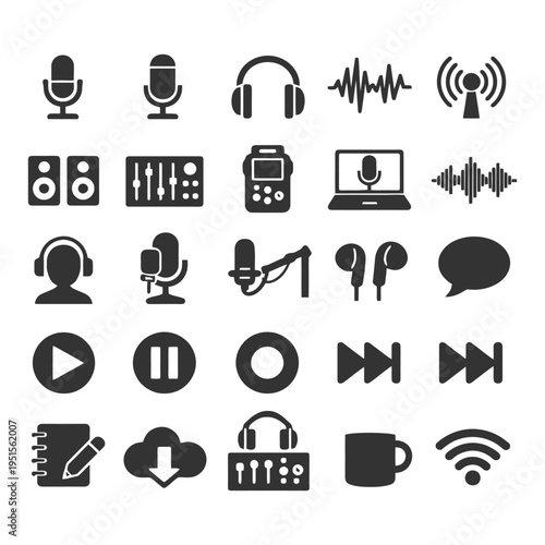 Audio equipment icons: microphone, headphones, sound waves, wifi.
