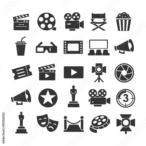 Movie and cinema icons collection featuring film, camera, director's chair, and popcorn.