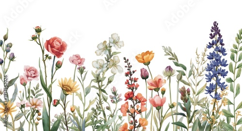 Soft floral watercolor motif featuring assorted garden and wildflower buds