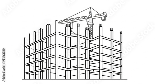 Black and white illustration of a building under construction with a crane.