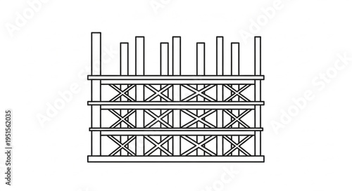 An illustration of a scaffolding structure with vertical supports and cross-bracing, used in construction.