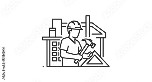A detailed illustration of a construction worker using a hammer and other tools at a building site.