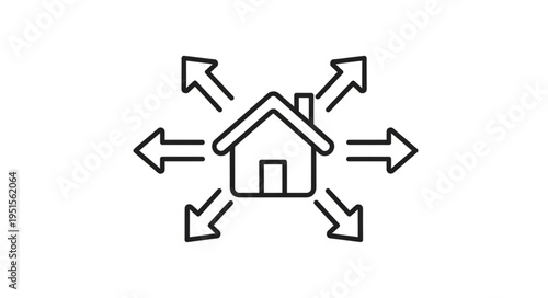 A simple line drawing of a house with arrows pointing outwards, representing expansion.