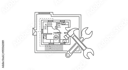 Architectural blueprint with tools, representing construction, renovation, and home improvement projects.