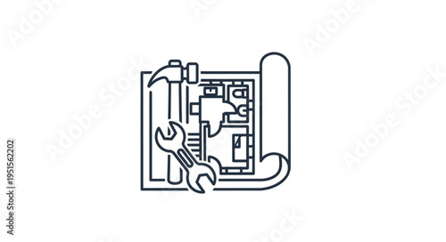 Blueprint with tools, representing construction, repair, and renovation planning for a project.