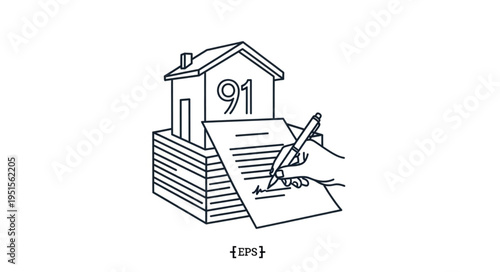 Illustration depicting a house with the number 91 on it, atop a stack of papers, and a hand signing a document.