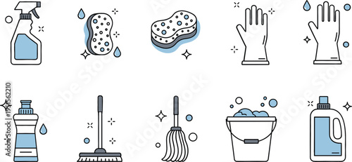 Cleaning supplies icons vector illustration set with spray bottle, sponge, gloves, mop and detergent, household hygiene and sanitation tools collection