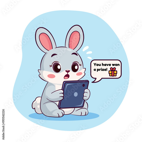 Vector 2 D illustration cute bunny reading suspicious message on tablet, phishing scam warning for kids, cyber safety concept