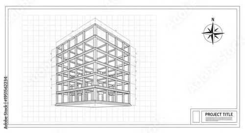 Architectural blueprint of a multi-story building frame, showcasing structural design.