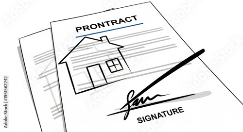 A detailed image depicting a contract with a house sketch and a signature, symbolizing agreement.
