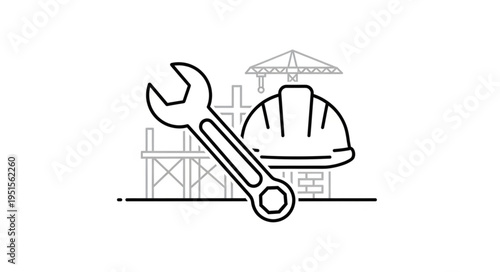 An illustration depicting a wrench, hard hat, and construction site, symbolizing building and industry.