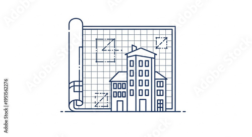Architectural blueprint illustration depicting a building design with detailed measurements and dimensions.