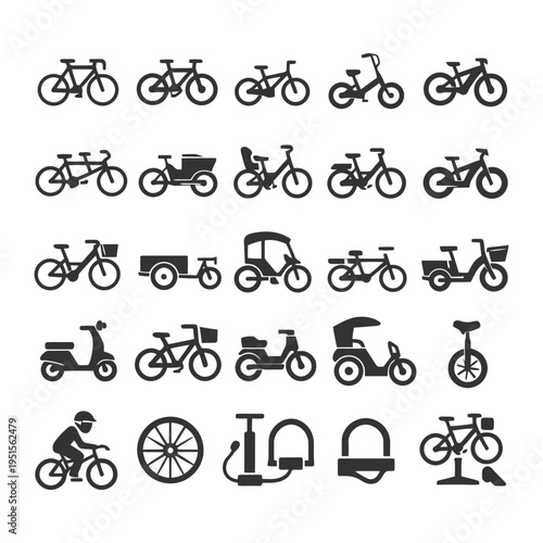Set of various bicycle and vehicle icons including scooter, tricycle, and unicycle.