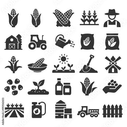 Agriculture icons set featuring farming equipment and corn elements.