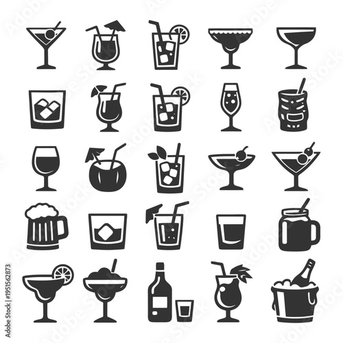 Various cocktail and drink silhouettes: glasses, mugs, bottles, and more.