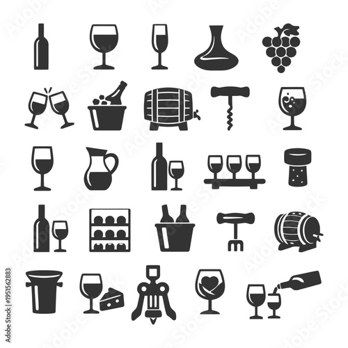 Wine themed icon set: glasses, bottles, grapes, corkscrew, barrels, cheese.