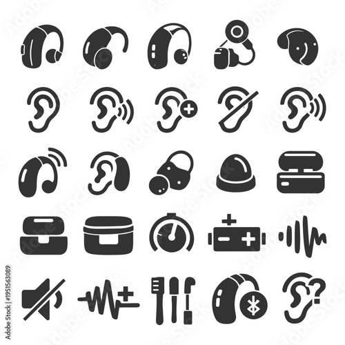 Hearing aid device icons set: amplifier, bluetooth, hearing protection, sound waves.