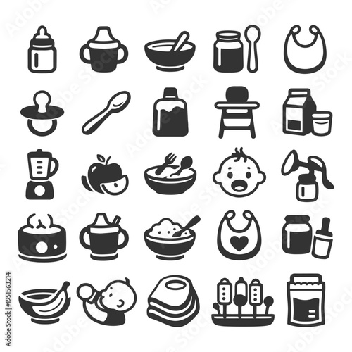 Baby care essentials icons set including bottles, bibs, and feeding accessories.