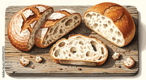 Artistic still life of sliced artisan bread on a rustic wooden cutting board with a clean white background.