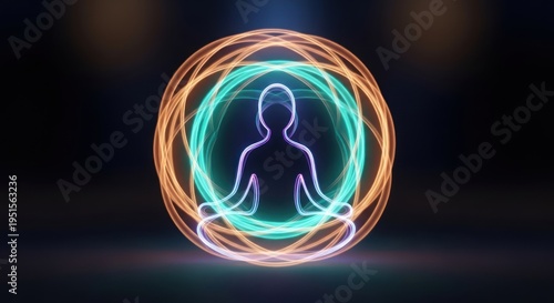 meditation, glowing neon person sitting in lotus position