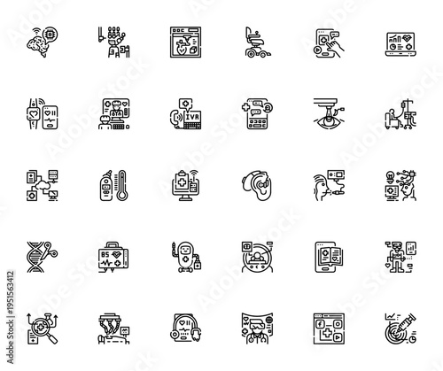 Medical Technology icon set. Vector healthcare symbols including Brain, Bionic Arm, AI, VR, Surgery, MRI, Telemedicine and more. Editable stroke.