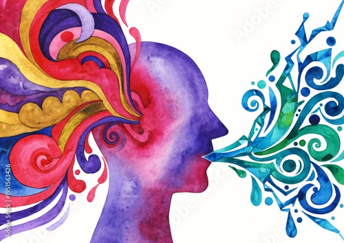 Profilo umano astratto con esplosione di colori: concetto di voce e parola