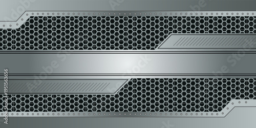 Horizontal metallic background with perforated elements and place for text. Vector illustration.