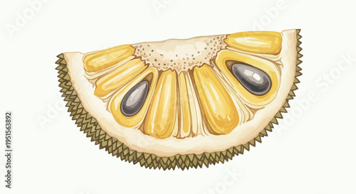 Illustration of a jackfruit slice on a white background, showcasing its vibrant yellow and green textures with visible seeds.